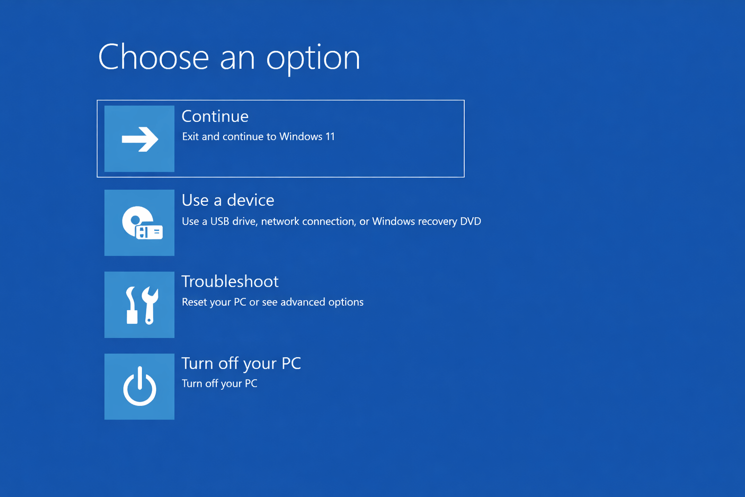 Windows 11 Wiederherstellungsumgebung Option auswählen blaues Menü